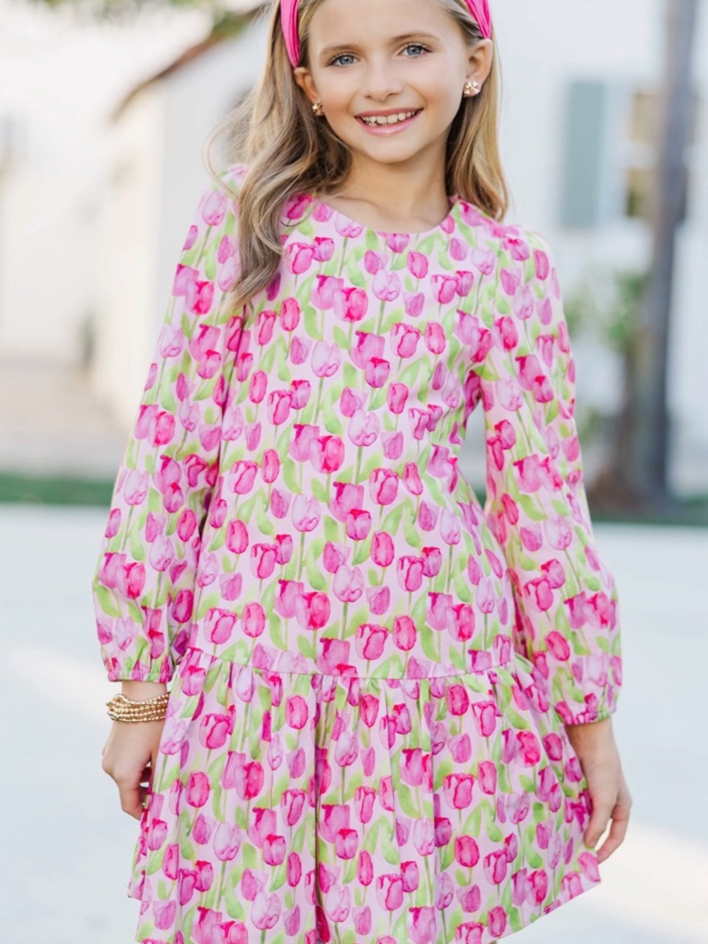 Girls Pink Tulip Print Long-Sleeve Dress